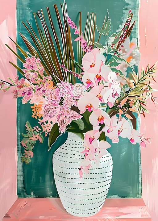 Orchid and Tropical Foliage Arrangement in Striped Vase