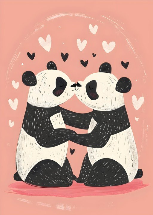 Two Pandas Kissing Surrounded by Hearts