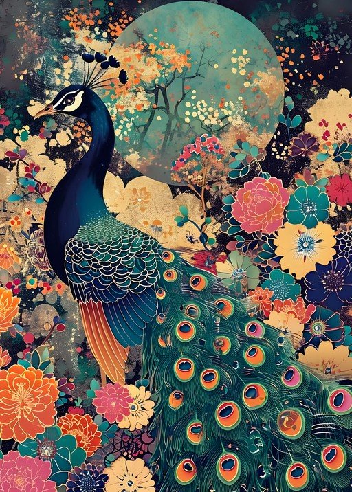 Vibrant Peacock Amidst Floral Splendor