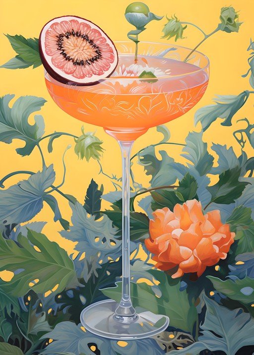 Vibrant Orange Cocktail with Passion Fruit and Floral Accents
