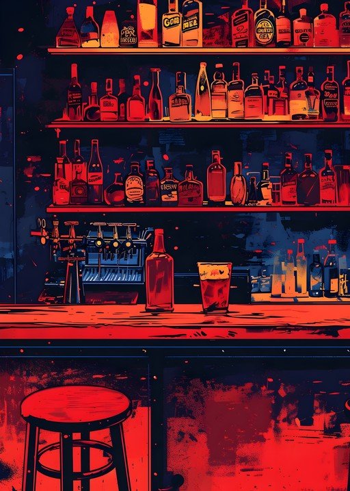 Bar Interior with Shelves of Bottles and Stool