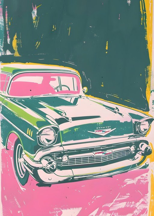 Retro Teal and Pink Chevrolet Bel Air Art