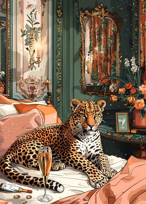 Leopard Lounging in Opulent Bedroom with Champagne