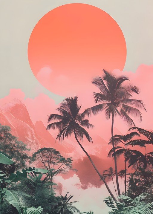 Tropical Sunset with Palm Trees and Mountains