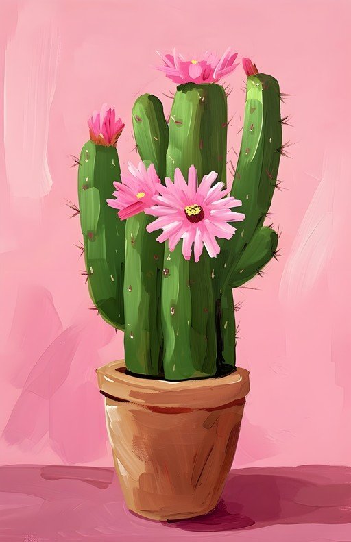 Potted Cactus with Pink Flowers