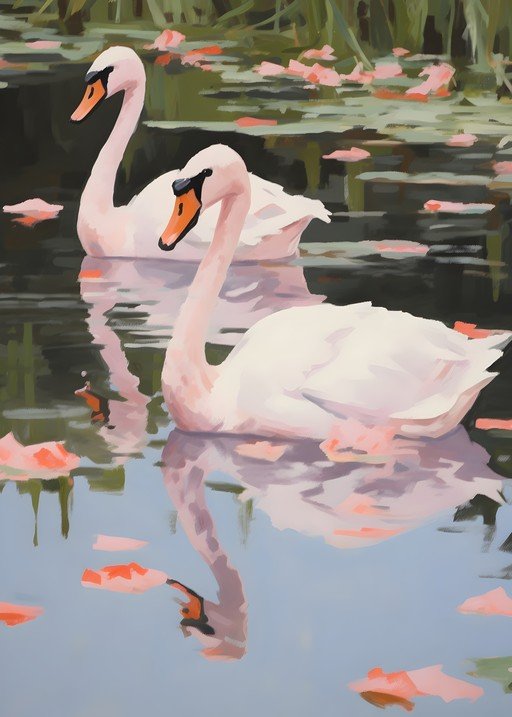 Two Swans Grace a Serene Pond with Petals