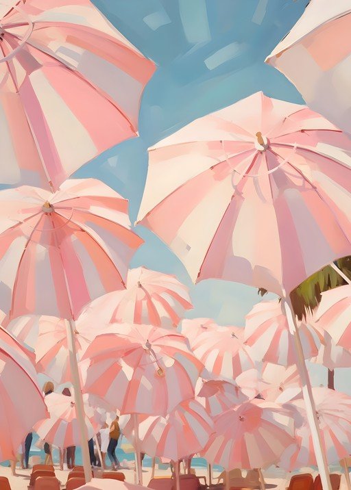 Pink Beach Umbrellas Under a Blue Sky