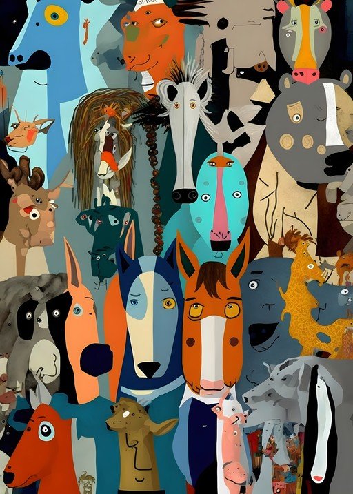 Whimsical Animal Gathering in Bold, Flat Illustration Style