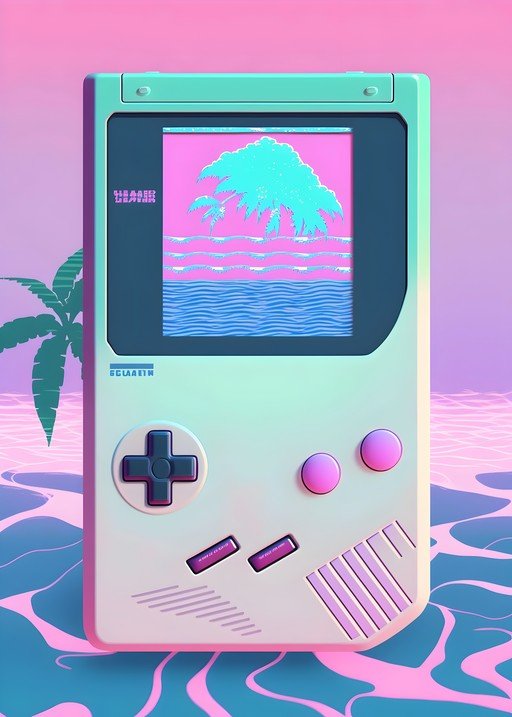 Retro Game Console with Tropical Sunset Screen