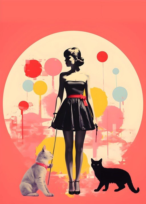 Elegant Woman with Cats in Abstract Pop Art Style