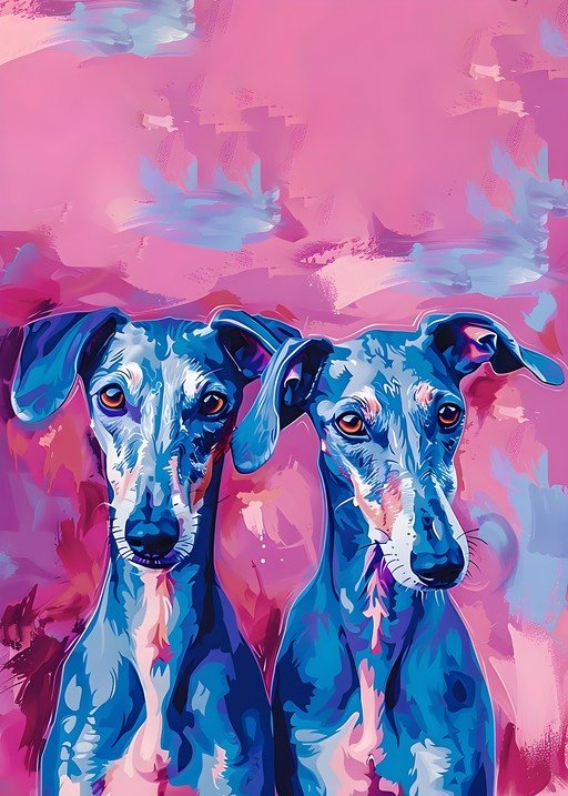 Two Greyhounds in Abstract Pink and Blue