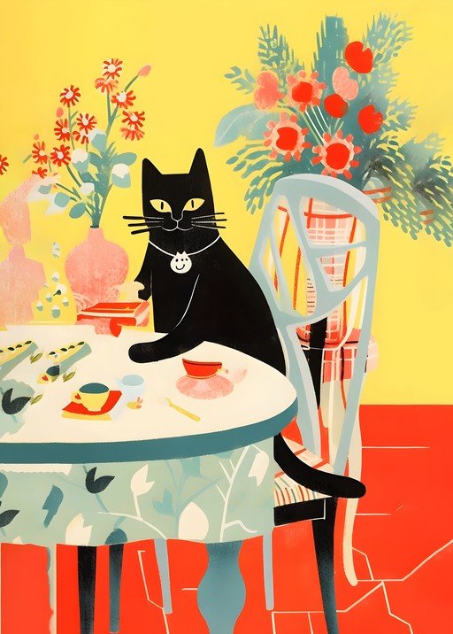 Black Cat Sits at a Table with Flowers and Tea