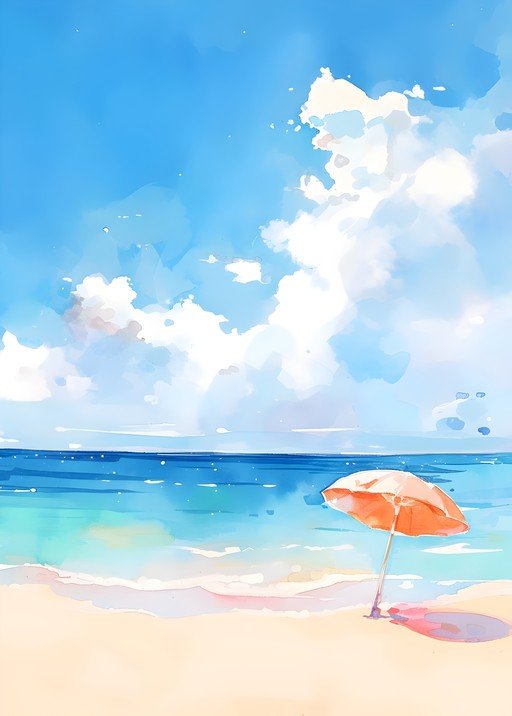Watercolor Beach Scene with Orange Umbrella
