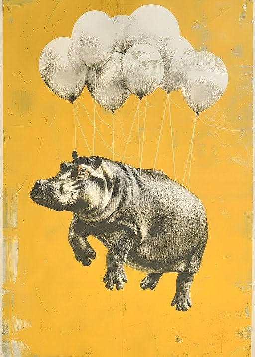 Hippopotamus Floating with Balloons