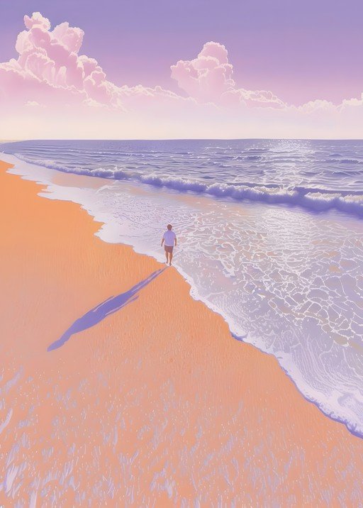 Person walking on a serene beach at sunset