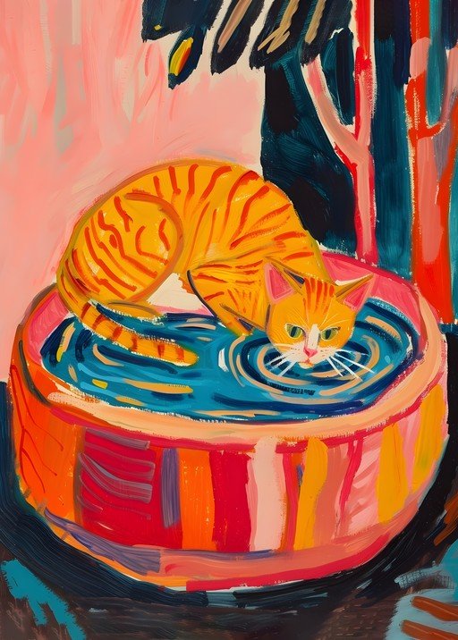 Orange Tabby Cat Drinks from Colorful Bowl