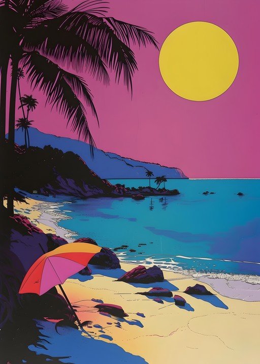 Retro Beach Scene with Palm Trees and Sun