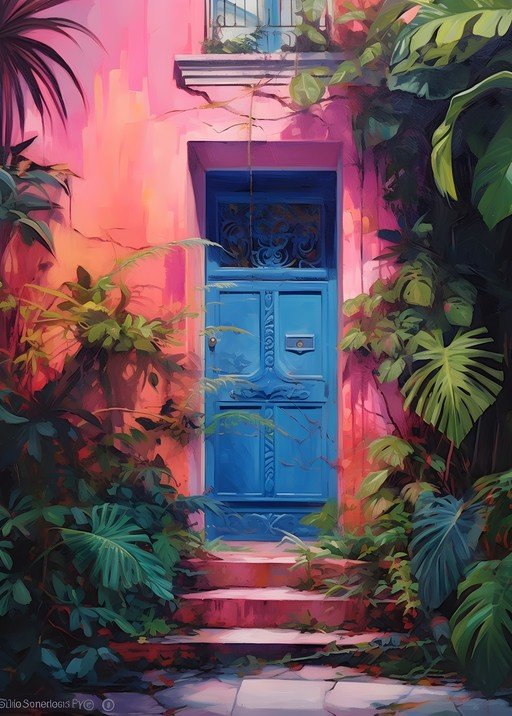 Vibrant Blue Door Amidst Lush Tropical Foliage