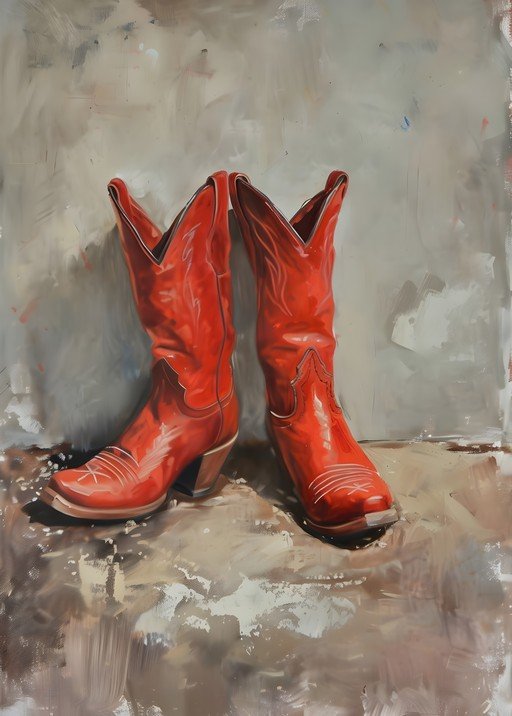 Vibrant Red Cowboy Boots Still Life Painting