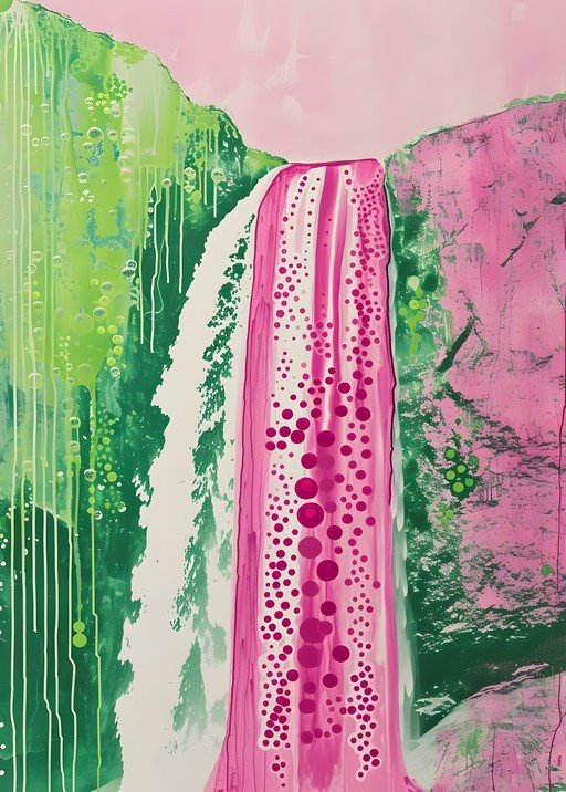 Vibrant Pink and Green Waterfall Abstract Painting