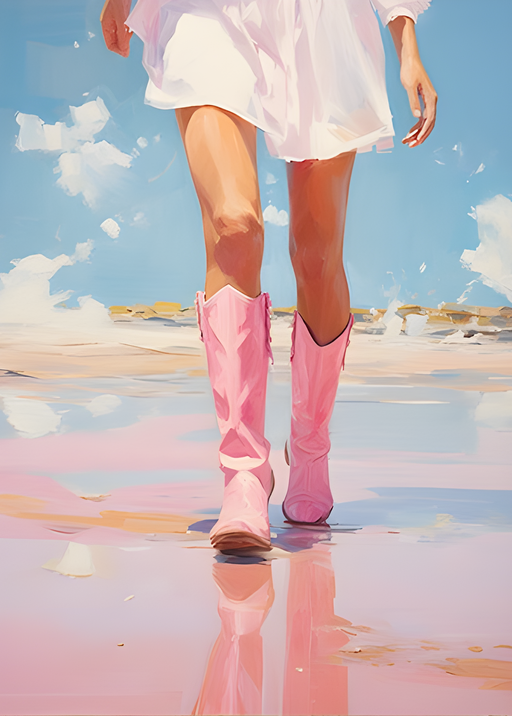 Woman in Pink Boots Walks on Reflective Surface