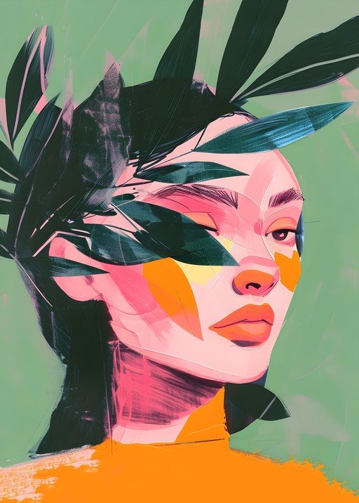 Abstract Portrait of a Woman with Tropical Leaves