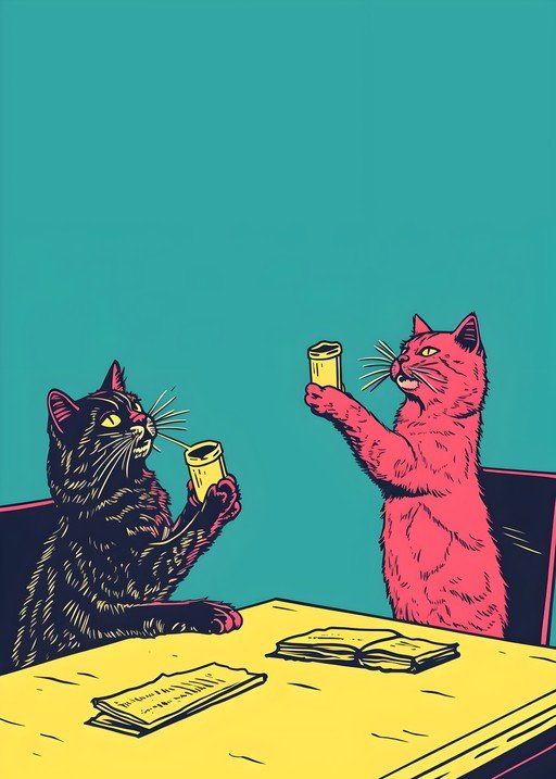 Whimsical Cats Enjoying Drinks at a Table