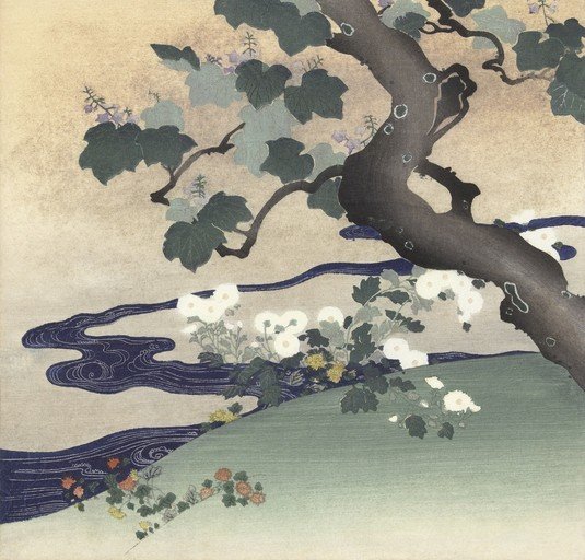 Japanese Woodblock Print of Tree Branch Overlooking Water and Flowers