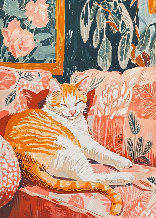 Orange Tabby Cat Napping on Floral Sofa