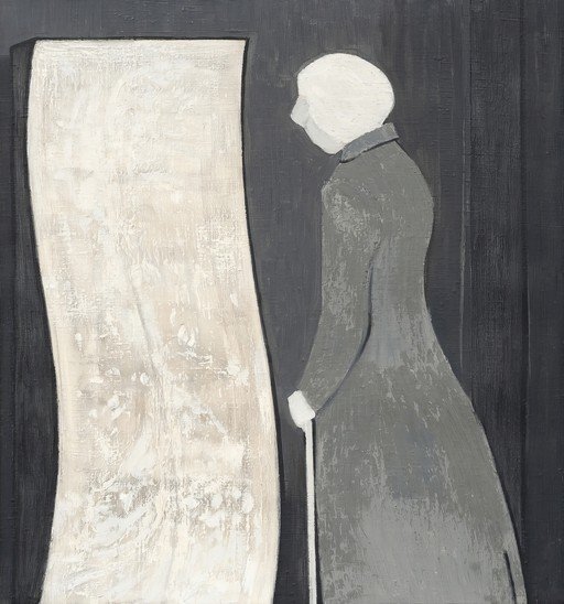 Figure with Cane Gazing at Abstract Form