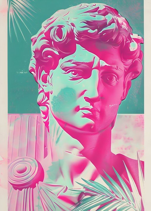 Neo-Classical Bust with Tropical Flora in Neon Hues