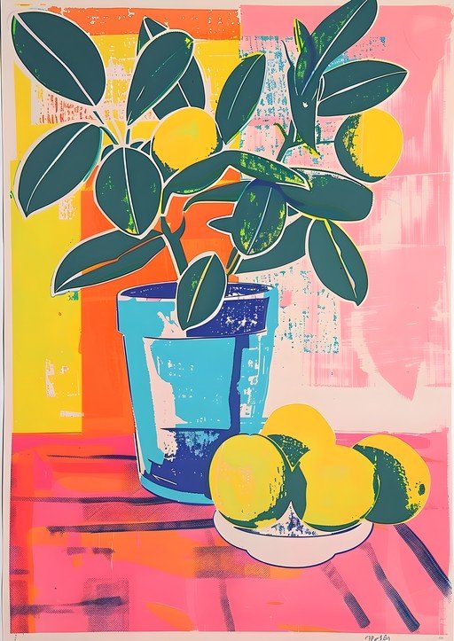 Pop Art Still Life: Potted Plant with Lemons