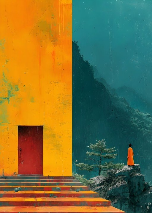 Person in Orange Robe Gazes at Misty Mountains from Cliff
