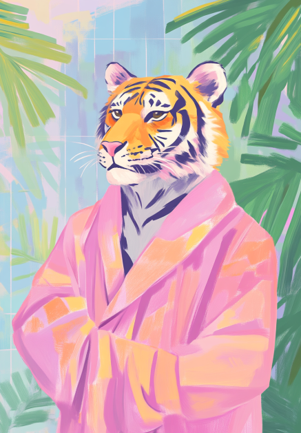 Tiger in a Pink Robe with Tropical Leaves