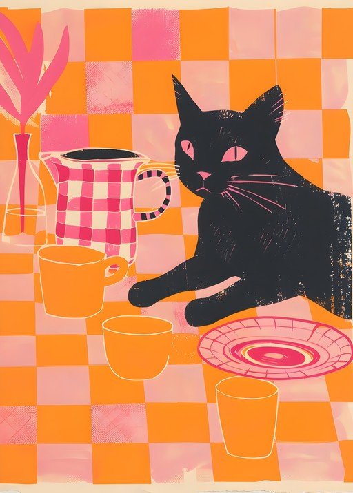 Black Cat and Tea Set on Checkerboard