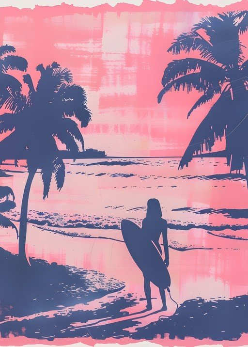 Surfer Girl Silhouette at Sunset Beach