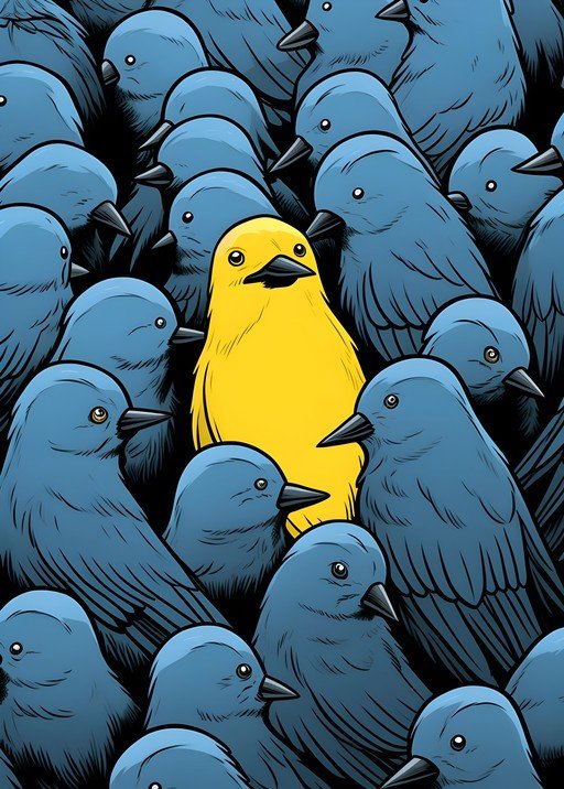 Yellow Bird Stands Out Among Blue Flock