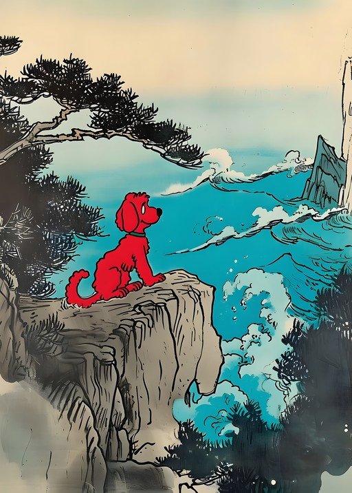 Red Dog Overlooking Ocean Waves