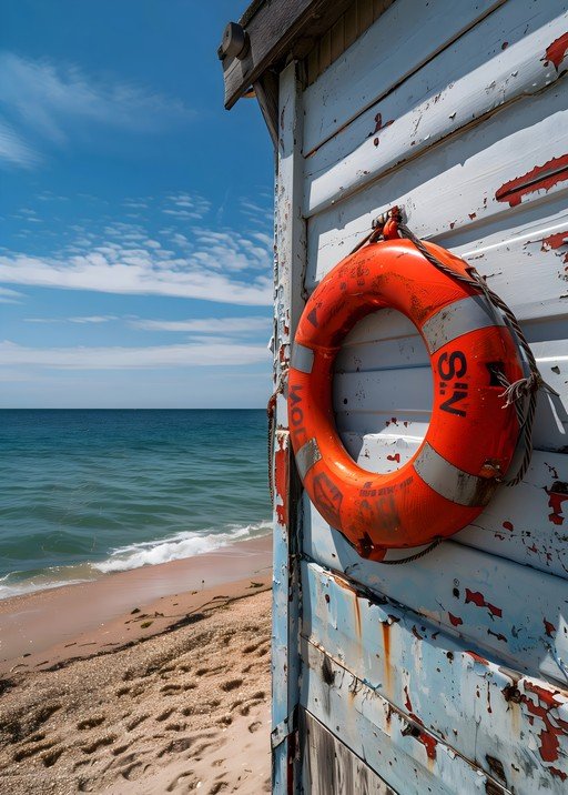 Lifebuoy on Weathered Beach Hut by the Sea