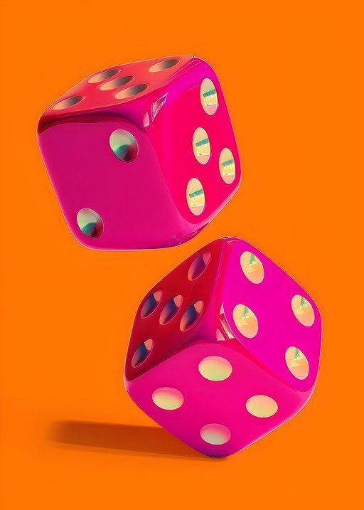 Pink Dice Floating on Orange Background
