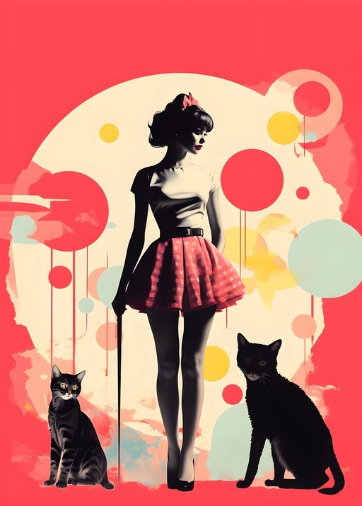 Retro Woman with Cats and Geometric Shapes