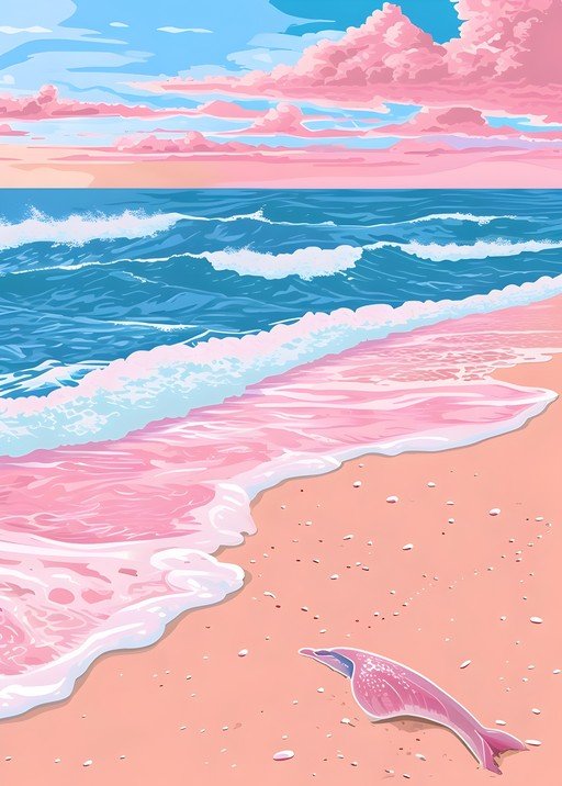 Dreamy Pink Beach with Ocean Waves and Dolphin