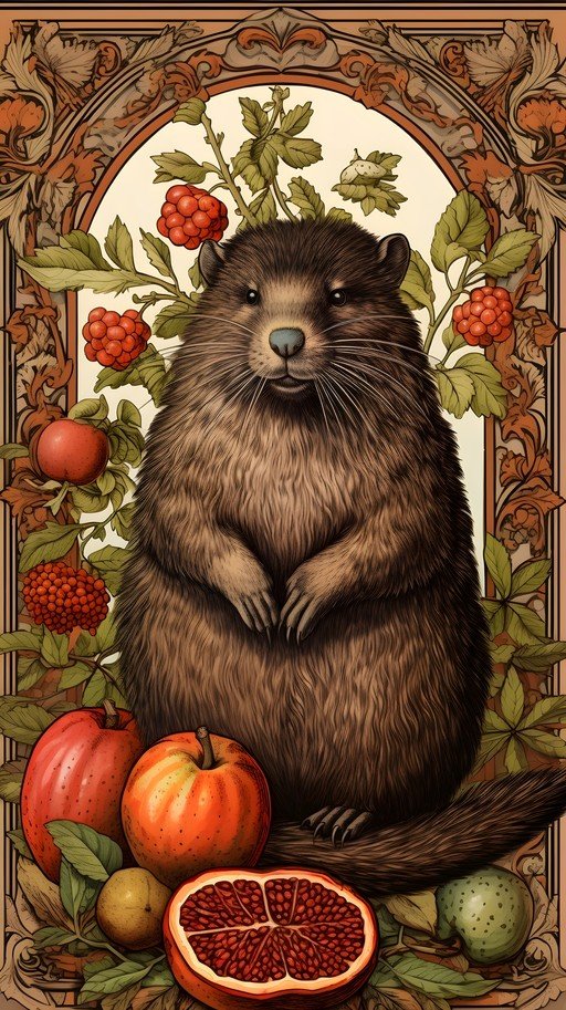Whimsical Beaver with Autumn Fruits and Berries