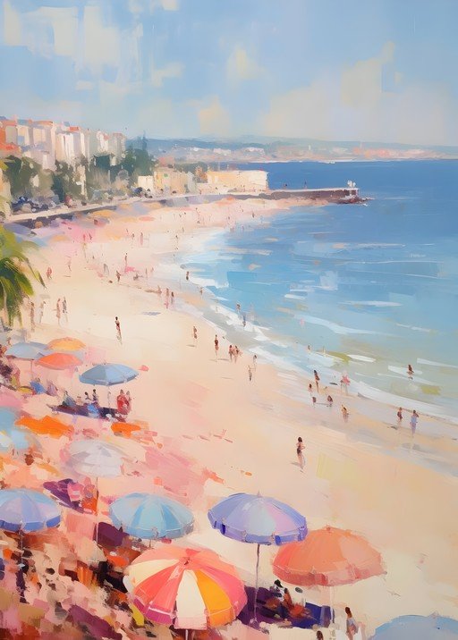 Impressionist Beach Scene with Umbrellas and Ocean