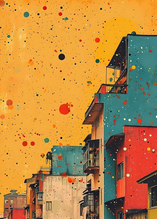 Vibrant Abstract Cityscape with Splattered Paint Effect