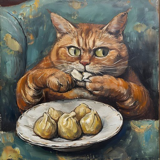 Orange Cat Eating Dumplings in Oil Painting Style