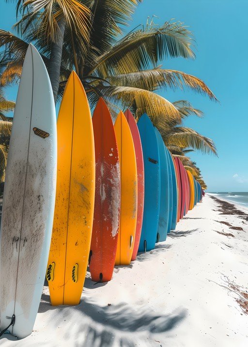 Colorful surfboards lined up on a tropical beach