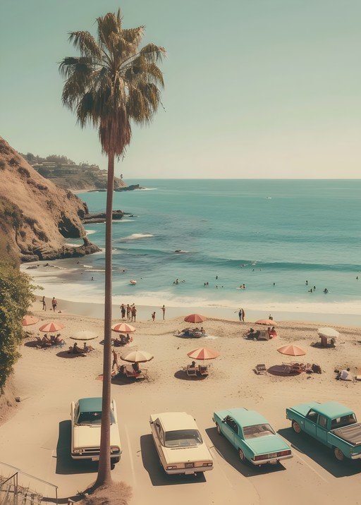 Retro Beach Scene with Palm Tree and Vintage Cars