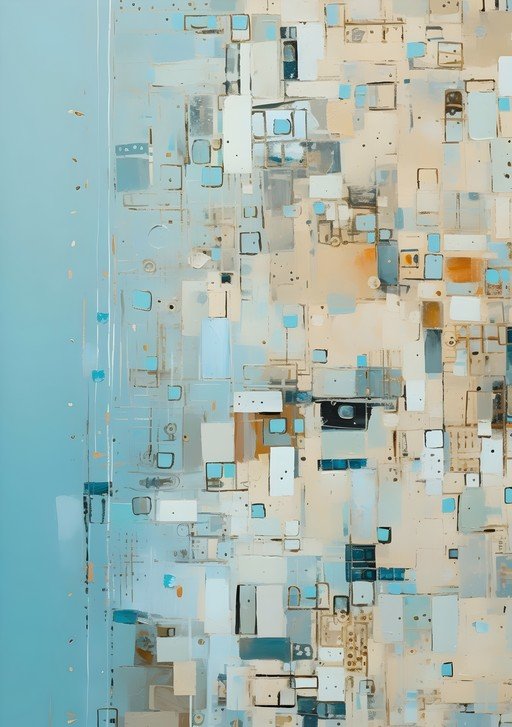 Abstract Geometric Cityscape with Soft Blue and Beige Tones