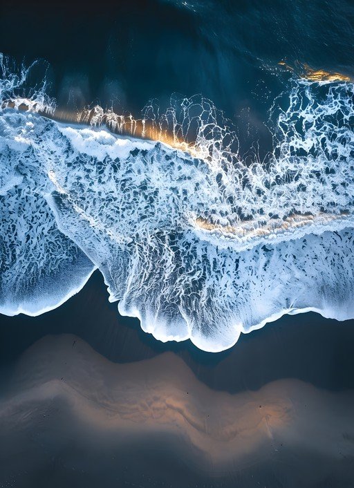 Aerial View of Ocean Waves Crashing on a Dark Beach